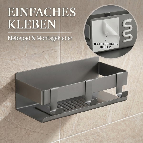 Badezimmerregal aus Metall zur Wandmontage mit Klebepad und Montagekleber, inklusive Haken.