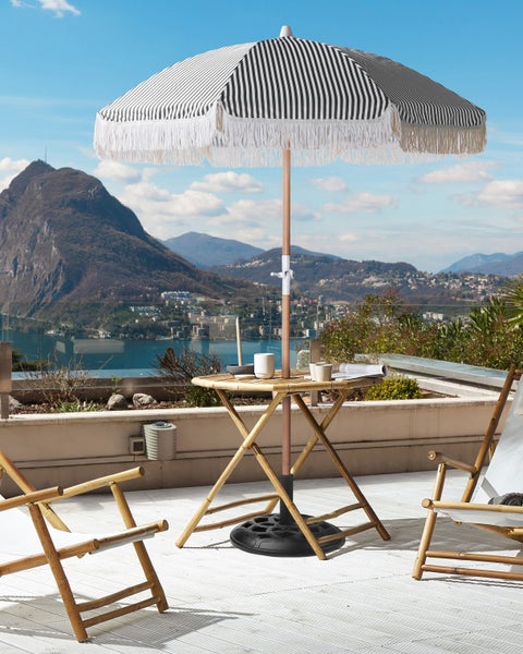 Großer Olivenbaum im Pflanztopf auf einer Palette in einem weitläufigen Gartencenter mit Gewächshaus im Hintergrund.