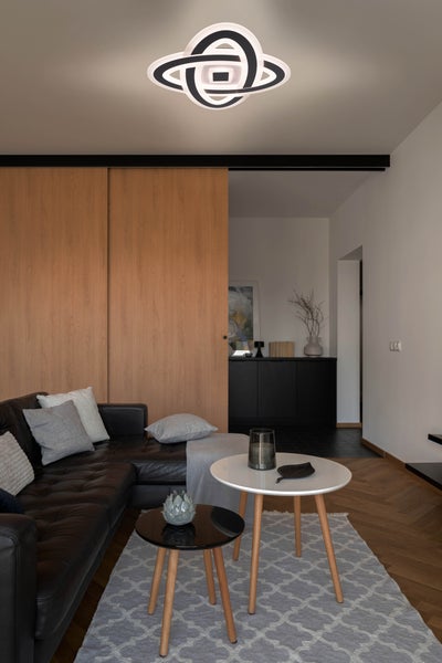 Modernes Wohnzimmer mit Deckenleuchte, Sofa und Couchtischen