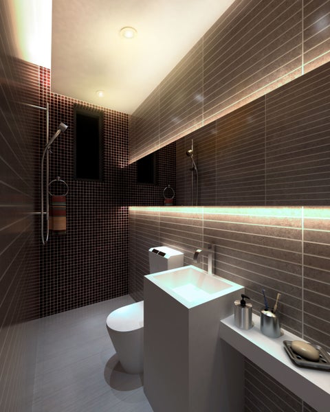 Modernes Badezimmer mit Toilette, Waschbecken und Dusche