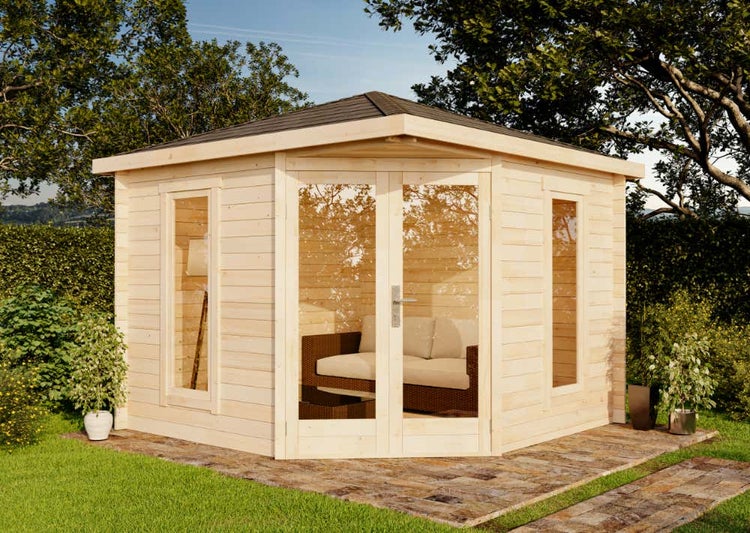 Alpholz 5-Eck Gartenhaus Liwa Compact Gartenhaus aus Holz, Holzhaus mit 28 mm Wandstärke, Blockbohlenhaus mit Montagematerial, Naturbelassen 3x3m