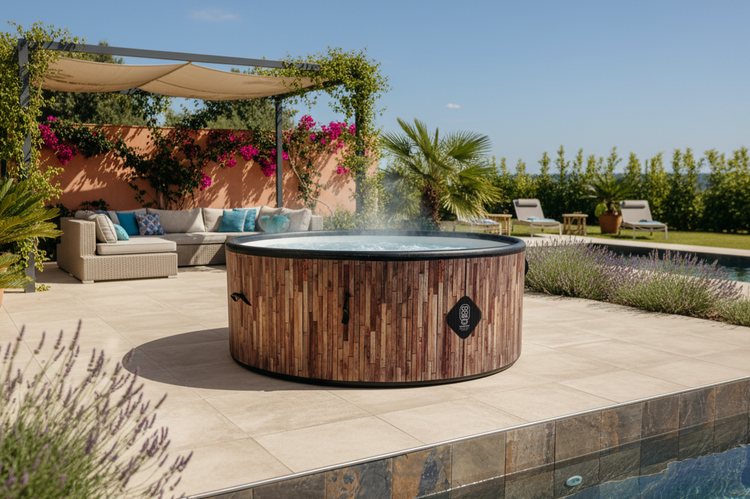 Runder Whirlpool in Holzoptik auf einer hellen Fliesenterrasse im Garten mit Pergola, Lounge-Möbeln und Pool.