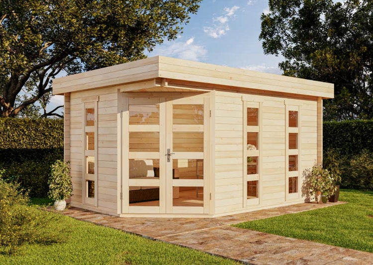 Alpholz 5-Eck Gartenhaus Lindau-40 Gartenhaus aus Holz, Holzhaus mit 40 mm Wandstärke, Blockbohlenhaus mit Montagematerial, Naturbelassen 4,6x3,2m