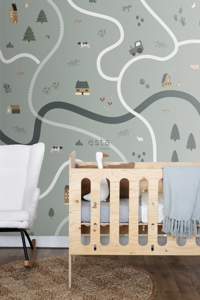ESTAhome Fototapete Traktoren und Bauernhoftiere Graugrün - 200 x 279 cm - 159056