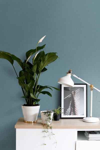 Dekorativer Tisch mit Zimmerpflanzen, Lampe und gerahmtem Bild