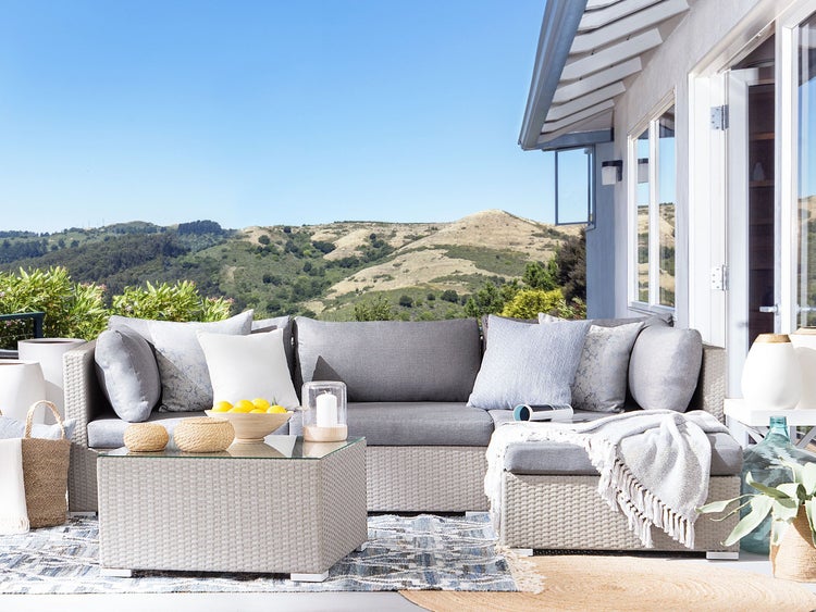 Garten Ecksofa mit Tisch 4-Sitzer SANO II rechtsseitig modular Polyrattan Hellgrau