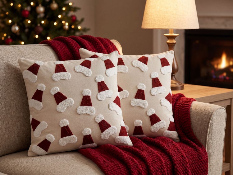 Zwei beige Dekokissen mit Weihnachtsmützen-Muster auf einem Sofa neben einer roten Decke, im Hintergrund ein Weihnachtsbaum und Kamin.