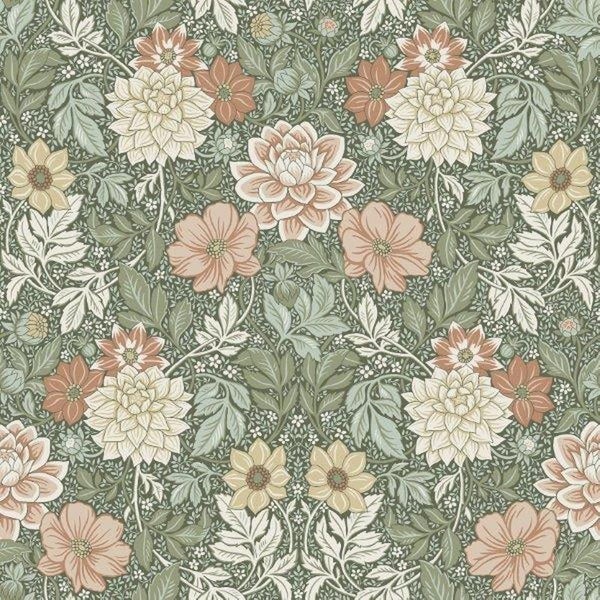 Borastapeter Tapete Blumenmuster im Jugendstil Grün und Rosa - 53 cm x 10.05 m - 660376