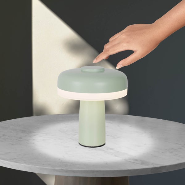 Akku-Tischleuchte PILU, 16,5 cm hoch, oben Ø von 15 cm, Metall in Mint, weißer Kunststoff, integrierten LEDs,280 Lumen, dimmbar per Berührungssensor, warmweiß