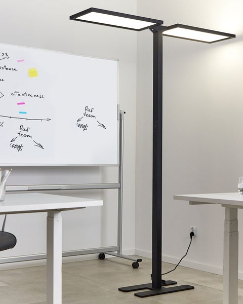 Büro mit Stehpulten, Whiteboard und LED-Stehleuchte