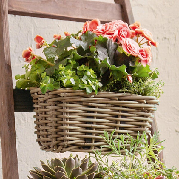 Dekoleidenschaft Rattan Pflanzkasten Koboo Grey klein, grau, Balkonkasten mit Halterung, Blumenkasten für Draußen, Pflanzgefäß