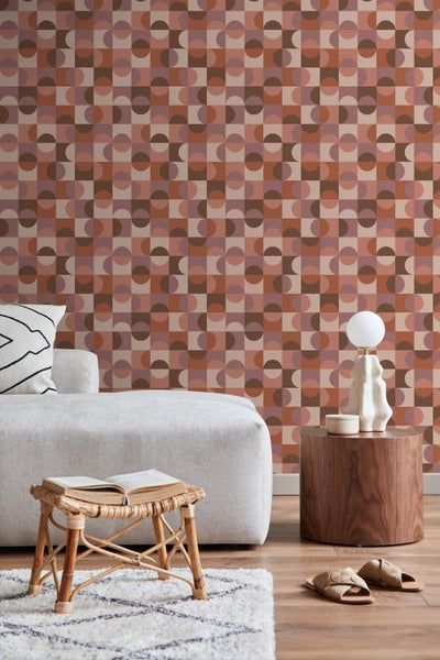 ESTAhome Tapete Kreise im Bauhaus-Stil Terrakotta, Lila und Braun - 50 x 900 cm - 131244