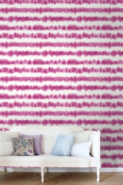 ESTAhome Tapete horizontale Tie-Dye Shibori Streifen Tiefrosa und Weiß - 53 cm x 10.05 m - 148688