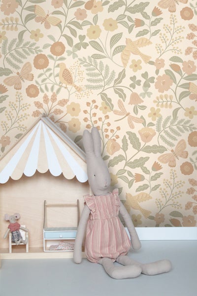 ESTAhome Tapete Blumen und Vögel Beige, Grün und Hellrosa - 53 cm x 10.05 m - 139867