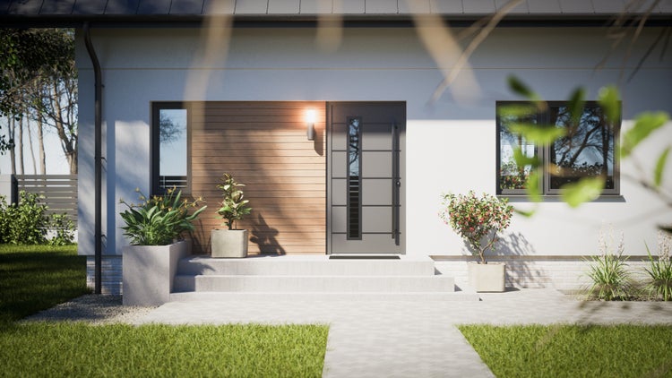 Moderne Haustür mit geradlinigem Design und Edelstahlgriff