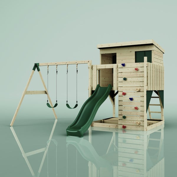 Spielturm aus Holz mit zwei Schaukeln, Wellenrutsche, Kletterwand mit Griffen und integriertem Sandkasten.