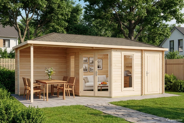 Holzgartenhaus mit integriertem überdachtem Freisitz, gläsernen Doppeltüren und Holztür auf einer gepflasterten Terrasse im Garten.