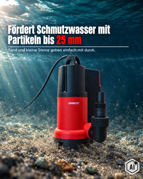 Schmutzwasser Tauchpumpe von Onbest zur Förderung von Partikeln bis 25 Millimeter im Wasser untergetaucht mit Anschlussstutzen.