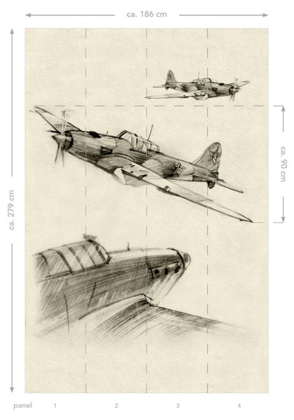 Wandbild mit Bleistiftzeichnung von Flugzeugen, circa 186 cm breit und circa 279 cm hoch