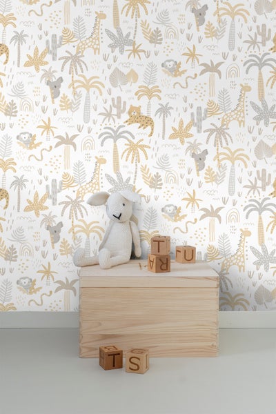 Sanders und Sanders Tapete Dschungeltiere Ockergelb, Grau und Beige - 53 cm x 10 m - 640450