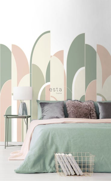 ESTAhome Fototapete Art Decó Muster Graugrün, Pfirsichrosa und Weiß - 150 x 279 cm - 158956
