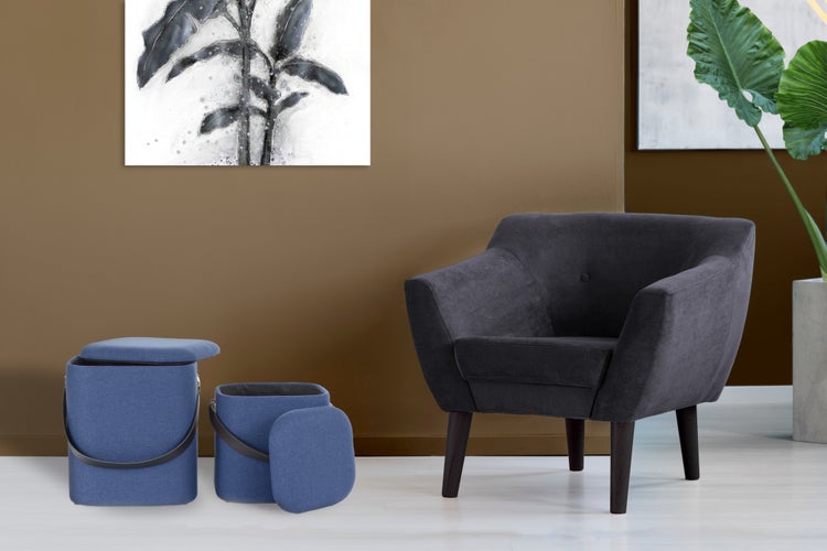 Hocker, 2er-Set stapelbar, gepolstert, mit Stauraum Blau / Schwarz Rund Ø 29,5 / 35,5 cm