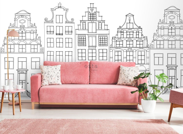 ESTAhome Fototapete gezeichnete Amsterdamer Grachtenhäuser Schwarz und Weiß - 150 x 279 cm - 158834