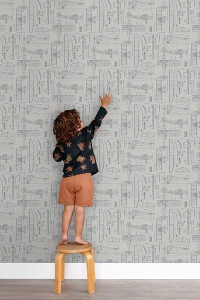 ESTAhome Tapete Kontruktionszeichnungen von Flugzeugen Taupe und Graublau - 53 cm x 10.05 m - 139960