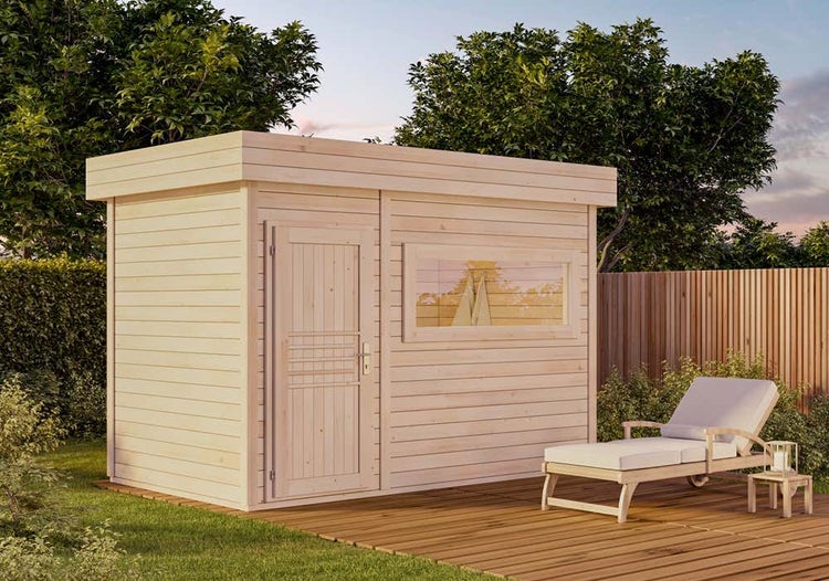 FinnTherm Gartensauna Magnolia Gartensauna 2 Sitzbänke aus Holz, Sauna mit 40 mm Wandstärke, Außensauna mit Montagematerial, Naturbelassen