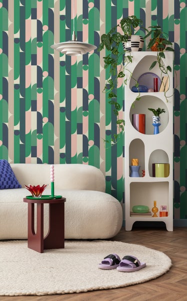 ESTAhome Tapete geometrische Formen Grün, Blau, Rosa und Beige - 50 x 900 cm - 131062