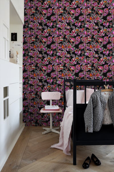 ESTAhome Tapete funky Blumen und Paisleys Schwarz und Rot - 53 cm x 10.05 m - 136842