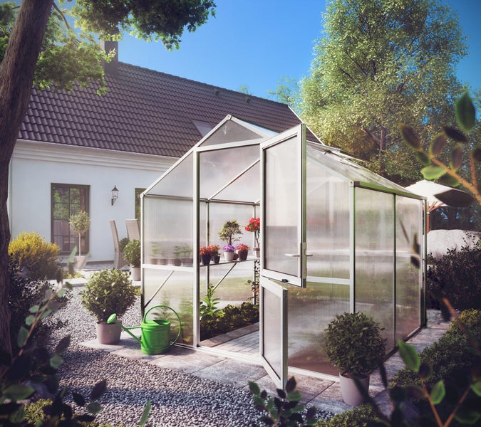 Gewächshaus mit Aluminiumrahmen und Hohlkammerplatten im hellen Garten, mit offener Tür und Pflanzen im Inneren.