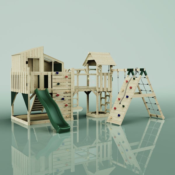 Holzspielplatz mit Rutsche, Kletterwand und Spielhaus