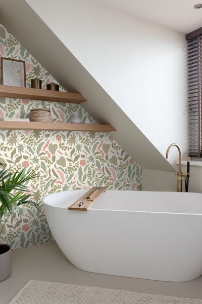 ESTAhome Tapete Blätter und Blumen Graugrün und Rosa - 50 x 900 cm - 131050