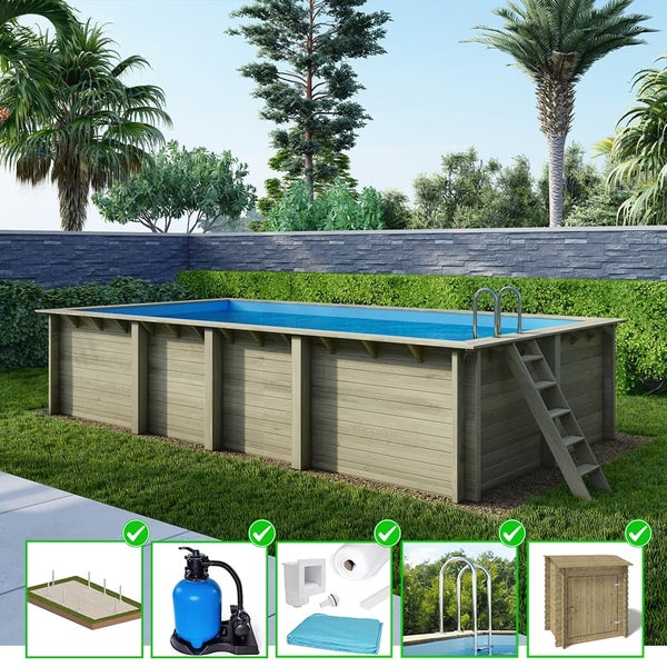 Holzpool-Set mit Leiter, Filter und Zubehör im Garten
