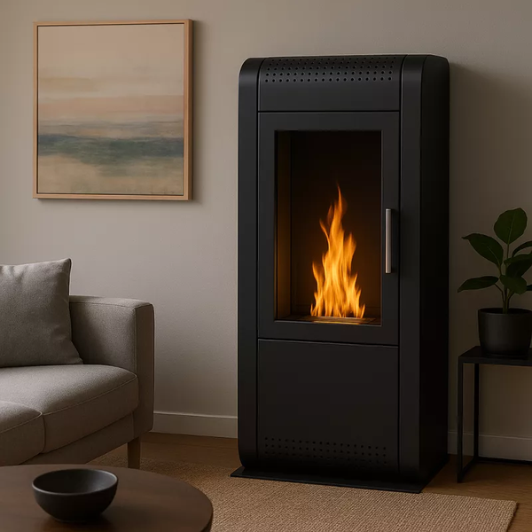 Schwarzer Kaminofen mit Flammen im Wohnzimmer