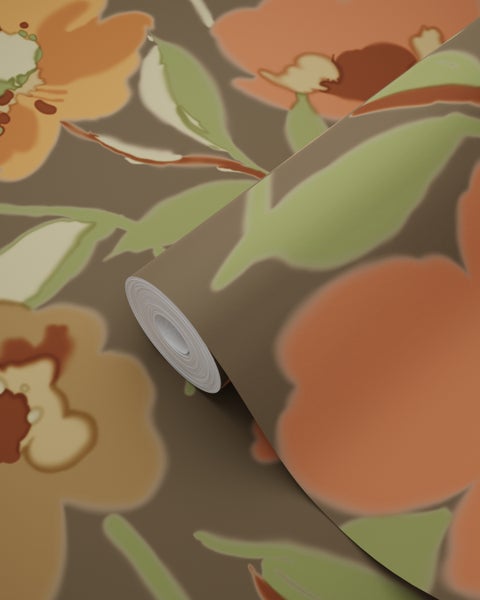 ESTAhome Tapete Blumen Orange und Graugrün - 50 x 900 cm - 130990