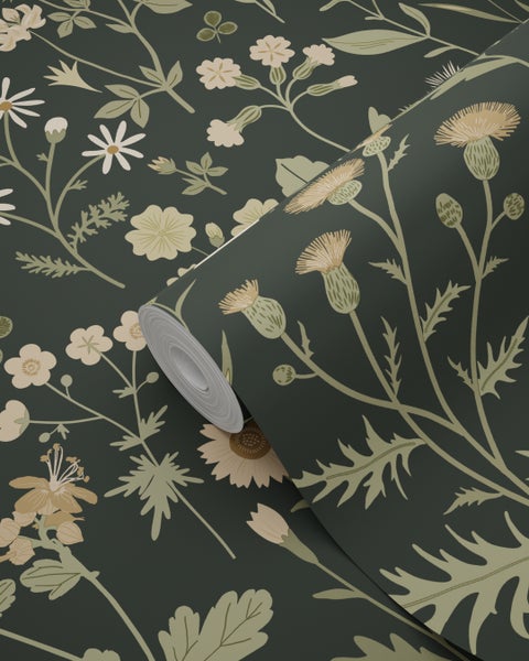 ESTAhome Tapete Feldblumen Dunkelgrün - 50 x 900 cm - 139843