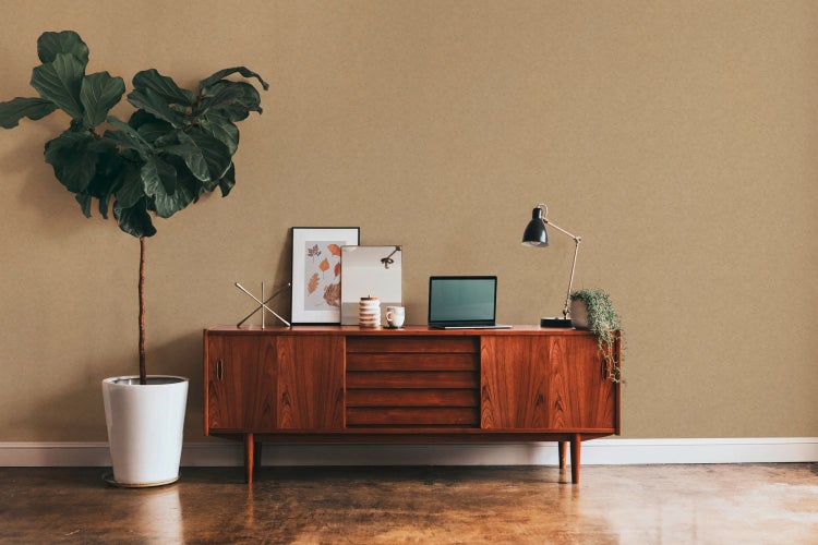 Wohnzimmer mit Kommode, Topfpflanze und Dekorationsartikeln