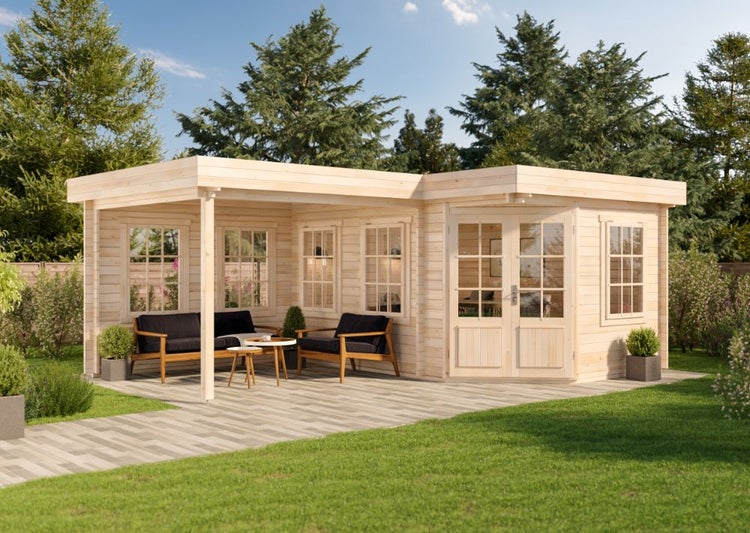 Alpholz 5-Eck Gartenhaus Pepe mit 28 mm Wandstärke 442 x 302 cm + 300 cm, Naturbelassen