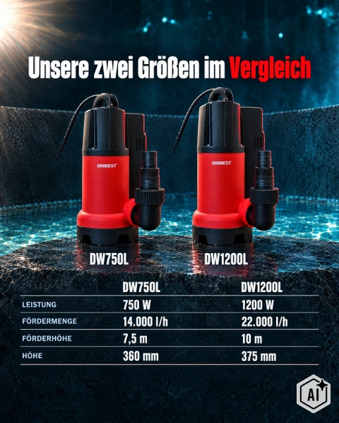 Vergleich der Onbest Tauchpumpen Modelle DW750L und DW1200L mit technischen Daten zu Leistung, Fördermenge, Förderhöhe und Höhe.