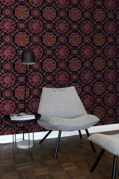 Origin Wallcoverings Tapete Suzani Blumen Schwarz, Orange und Rosa - 53 cm x 10.05 m - 347474