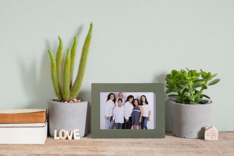 Grüner Bilderrahmen mit Familienfoto auf einem Holzregal, flankiert von Sukkulenten in Betontöpfen, Büchern und dekorativen Buchstaben LOVE.
