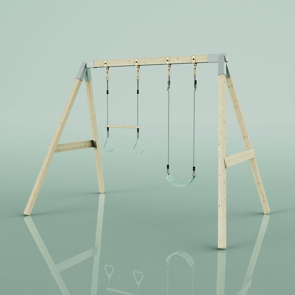 Schaukelgestell aus Holz mit einer Einzelschaukel und einem Trapez mit Ringen in Mintgrün.