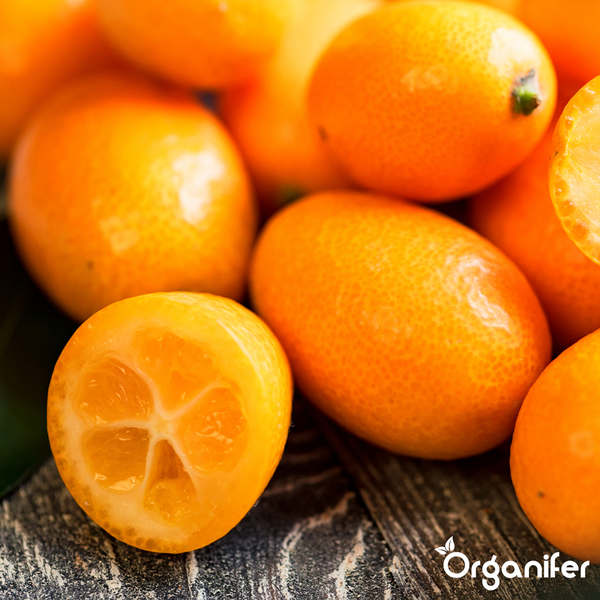 Kumquats, eine davon halbiert, auf einer Holzoberfläche. Organifer Logo.