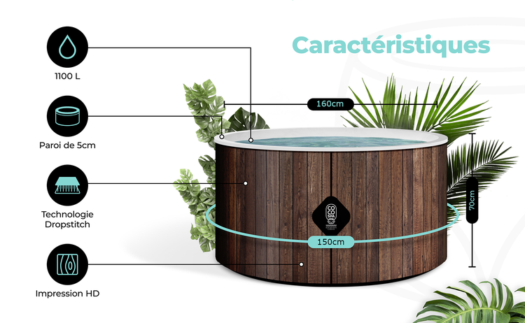 Whirlpool: 1100 Liter, 5 Zentimeter Wandstärke, Dropstitch, hochauflösende Holzoptik. Durchmesser 160 Zentimeter, Höhe 70 Zentimeter. Coco Spa Logo.