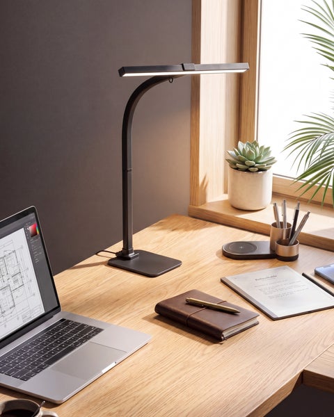 Moderne schwarze LED Schreibtischlampe auf Holzschreibtisch mit Laptop und Notizbuch, organisierter und heller Arbeitsplatz am Fenster.