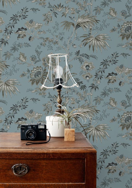 ESTAhome Tapete Blumenmuster Vintage Blau - 50 x 900 cm - 139402