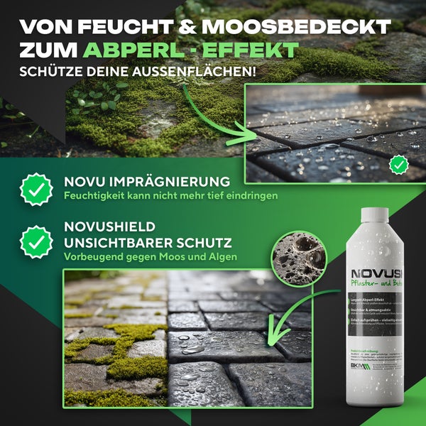 NOVUShield Pflaster- und Beton-Imprägnierung: Vorher-Nachher-Vergleich von moosbedeckten Steinen zu Steinen mit Abperleffekt.