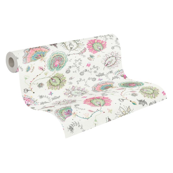 Nahaufnahme eines Tapetenmusters mit floralen und Paisley-Motiven
